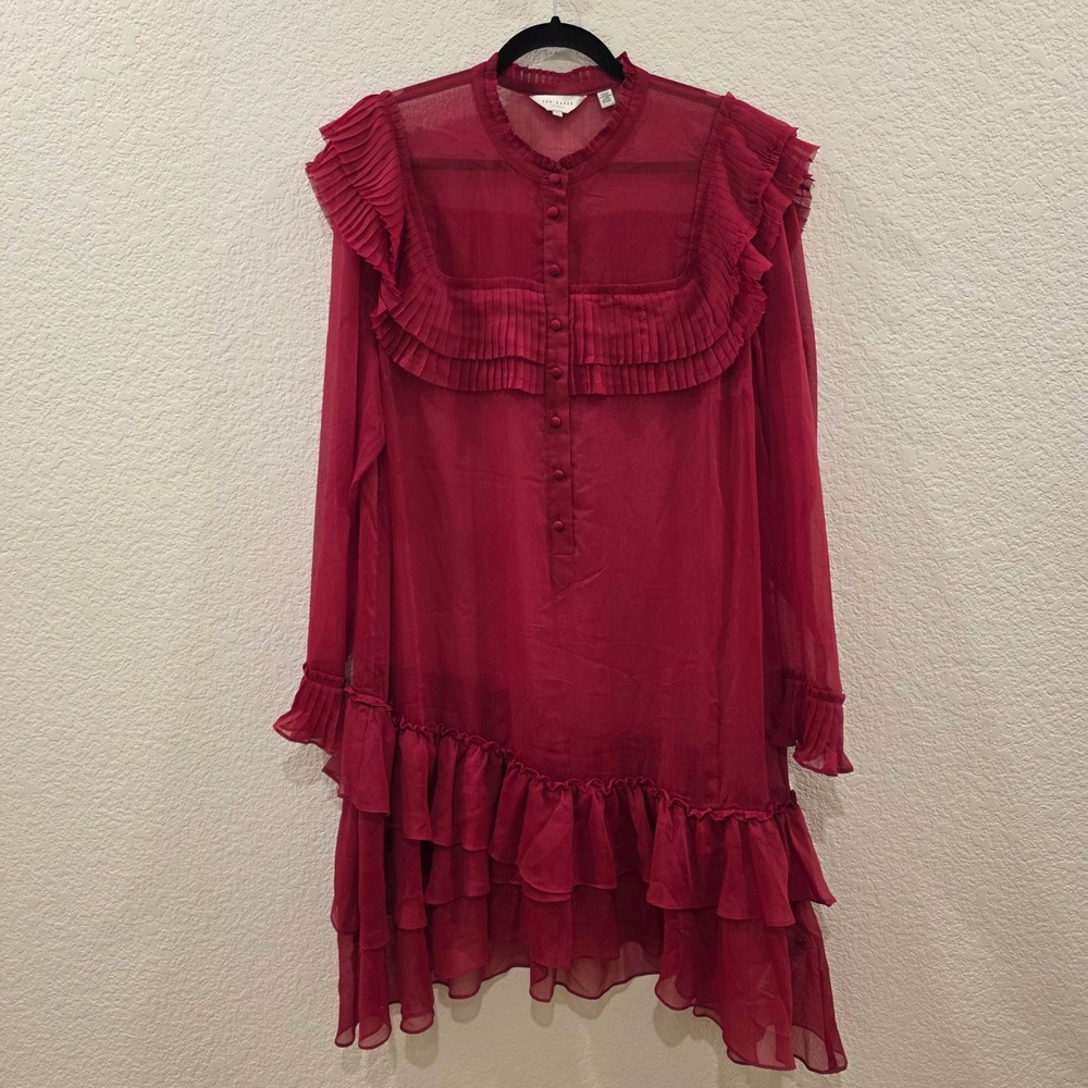 Ted Baker London Anastai Pleated Ruffle Mini Dress Red Sheer Chiffon Size 6